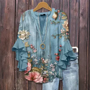 Cherrybetty Vintage Floral Print Ruffle Sleeve Top Blue Light Womenswear Bohemian Casual Chic cute tops going tops women's summer outfits cute summer outfit Blouses light boho flowy plus size Flowers Breathable drape shirts for Teachers and Moms Outdoorfu