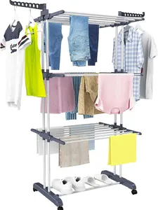 HOMIDEC Clothes Drying Rack, Oversized 4-Tier(67.7" High) Foldable Stainless Steel Movable Drying Rack with 4 castors, 24 Drying Poles & 14 Hooks for Bed Linen, Clothing, Grey