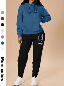 Women's Heart Print Drop Shoulder Pocket Hoodie & Drawstring Waist Pants Two-piece Set, Casual Fashion Cozy Breathable Two Piece Outfits for Daily Outdoor Wear, Women Clothes for Fall & Winter