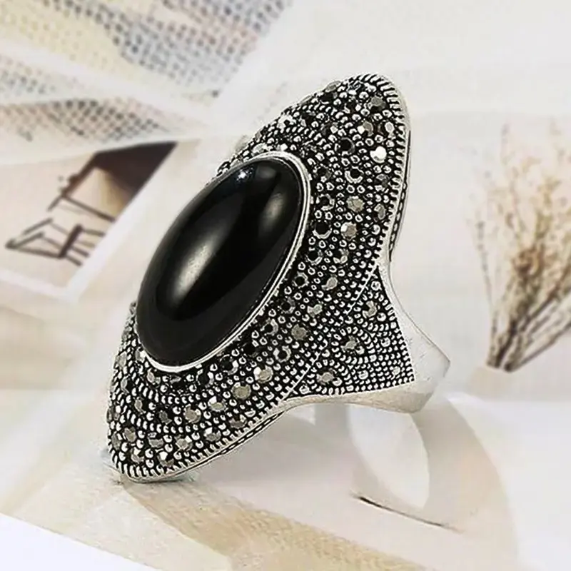 Vintage Black Onyx Statement Ring for Women, Retro Antique Silver Cocktail Ring with Marcasite Crystal Detail, Gothic Fashion Jewelry for Parties, Date Nights, Y2K Outfits & Everyday Style