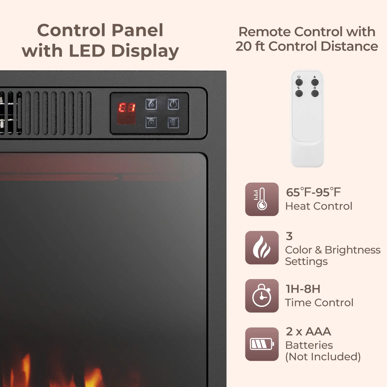 COSTWAY - 23 Inches 750W/1500W Electric Fireplace Heater with Alter Flame Color and Brightness