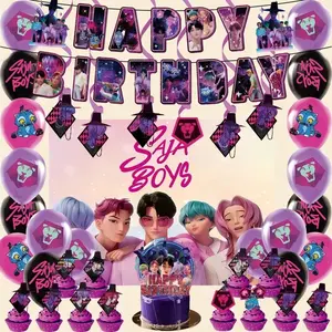 K-Pop Birthday Celebration Supplies KitPerfect for PartiesThis K-Pop Birthday Celebration Supplies Kit includes a banner, balloons, and cake toppers.