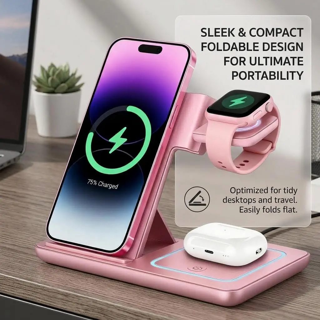 3-in-1 Foldable Wireless Charging Station, Multifunctional Fast-Charging Dock Charger, Charger Base Compatible with iPhone 16–11 Pro/Max, Apple Watch Series 10–5 and AirPods 4–2 Pro, Gift for Family, Charger Stand