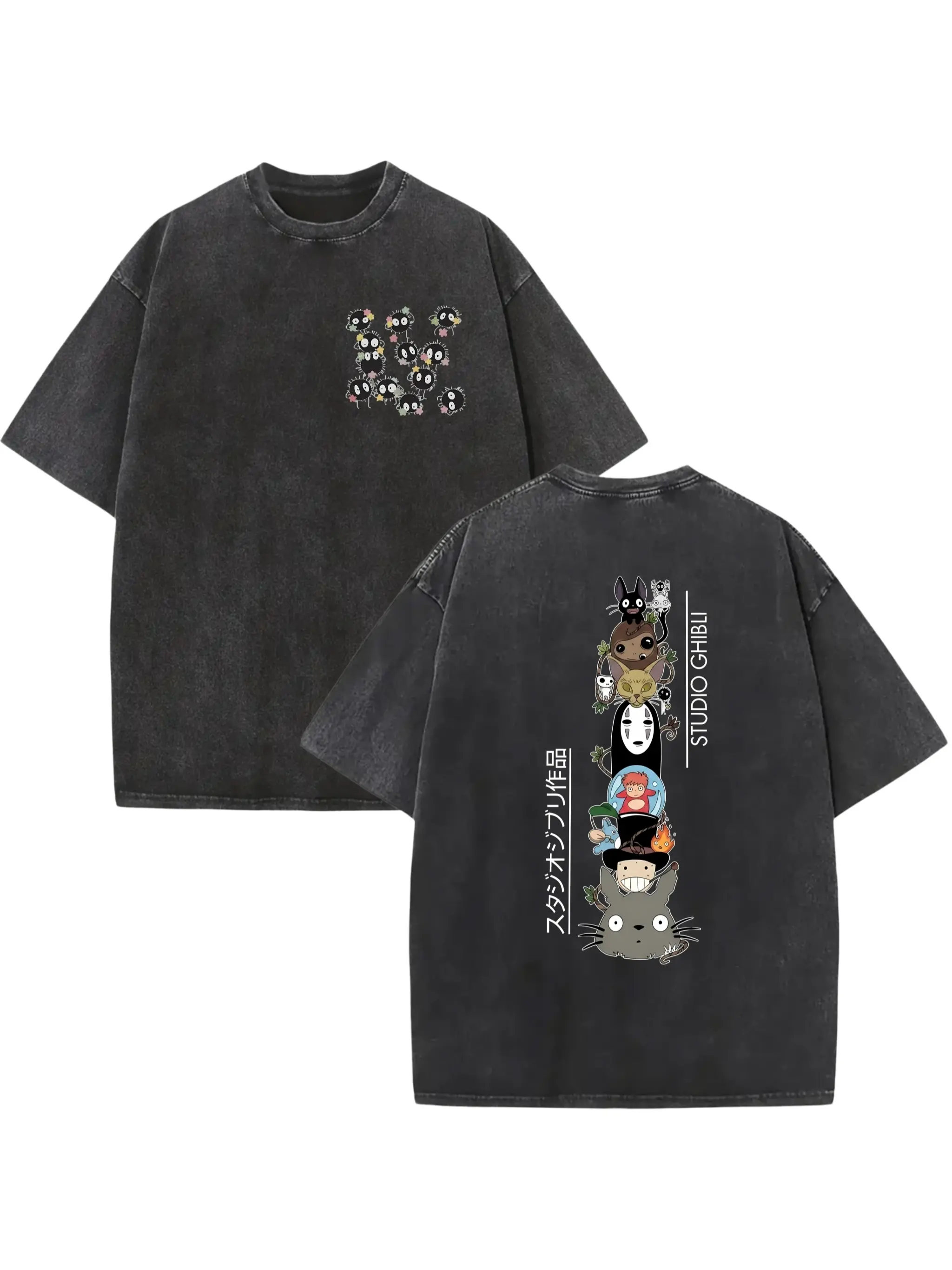 Vintage Washed Studio Ghibli Anime Graphic T-Shirt - Y2K Streetwear Oversized Tee for Totoro, Spirited Away & Howl's Moving Castle Fans - Perfect Gift for Anime Lovers