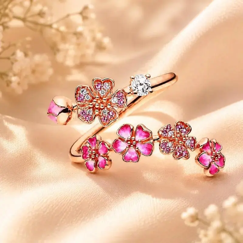 #JY Women's Adjustable Open Flower Rings (No ring box included)- Dainty Peach Blossom Design with Cubic Zirconia, Enamel or Pearl, Fashion Jewelry Gifts for Women, Birthday or Mother's Day, Rings For Women