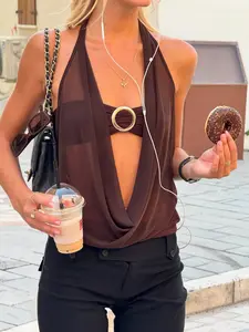 Women's Backless Transparent Mesh Top, Metal Ring Textured Halter Neck, Atmosphere Date Night, Stylish and Elegant Design