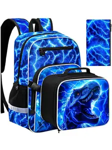 3PCS Dinosaur Lightning Rolling Backpack Set, Dinosaur Lightning Style, Wheel Smooth Rolling, Large Capacity, Lunch Box & Pencil Case Included, Perfect for School & Daily Use, Boys & Kids