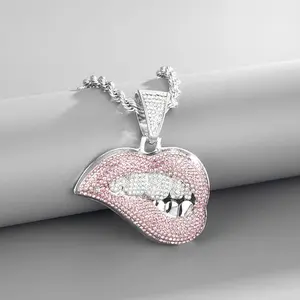 European & American Accessories New Sexy Lip Biting Hip-Hop Pendant Necklace Micro Inlaid Pink Zirconium Fashion Jewelry for Men & Women