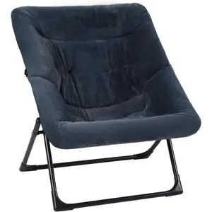 Folding Saucer Chair, Comfy Faux- Reading Chair, Foldable Accent Chair for Teens, Adults,  Lazy Chair, Large Lounge Chair for Living Room, Bedroom, Dorm, Navy Blue