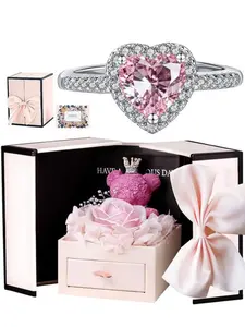 Mother's Day Gift Heart Diamond Ring in Teddy Bear & Rose Gift Box, Heart Shaped Ring, Romantic Christmas Choice, Perfect Valentine's Day Gift, Adjustable Jewelry Gift