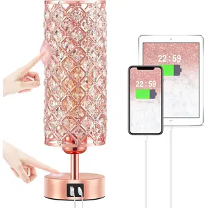 Table Lamp - 3-Way Dimmable  Control, Rose  Bedside Lamp with USB C and A Ports, Nightstand Light for Living Room, Bedroom,  Office (Bulb Included)