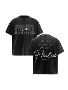 Vintage Washed Double Sided Christian Graphic T Shirt, By His Wounds We Are Healed Isaiah 53:5 Bible Verse Oversized Tee, Faith Religious Streetwear Short Sleeve For Believers Unisex Relaxed Fit Stylish Menswear