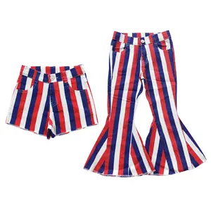 Girls' 4-5 Years Comfy Mid-Waist Red-Blue Striped Fitted Flare Denim Jeans - Patriotic 4th of July Kids' Bottoms