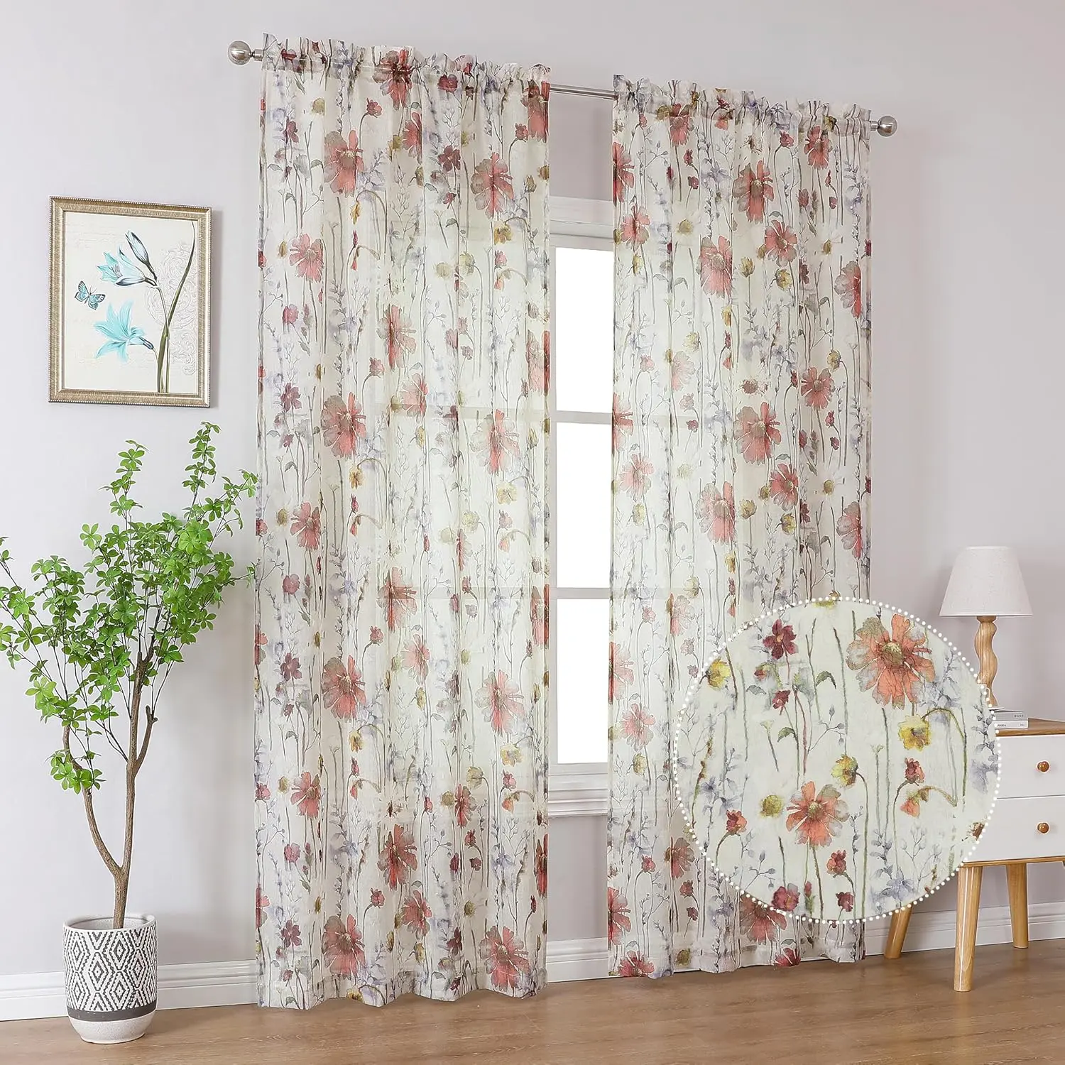 Crushed Sheer Nature Motif Net Curtains Window Set - 84 in Length, 2-Panel Lightweight Gauzy Household Textile, Interior Decoration Accessory, Window Decorations Supplies