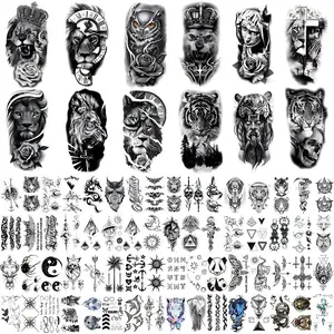 76 Sheets Large Black Temporary Tattoo Stickers - Tribal Wolves, Tigers, Lions, Snakes, Skulls, 12 Fake Tattoo Stickers for Men & Women Arm Designs
