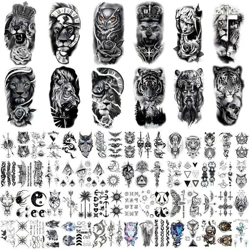 76 Sheets Large Black Temporary Tattoo Stickers - Tribal Wolves, Tigers, Lions, Snakes, Skulls, 12 Fake Tattoo Stickers for Men & Women Arm Designs