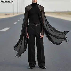 INCERUN, Cosplay Men, All Seasons, High Neck Sheer Mesh Patchwork Flying Cape Flowing Chiffon Top, Goth Theme Party, Stage Performance, Photo Shoot, Nightclub & Role-play Wear
