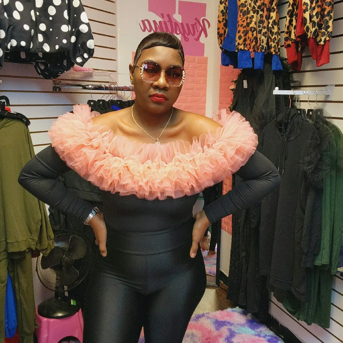 EXAGGERATED RUFFLE PINK BODYSUIT Polyester Polyester