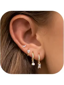 4/5/6 Pcs Stack Gold Studs Earrings for Women 14K Gold Plated 925 Sterling Silver Single Stud Hoop Earrings Sets for Multiple Piercings Heart Star Moon Hoop Dangle Earrings Stack Set Earring Stacking Set