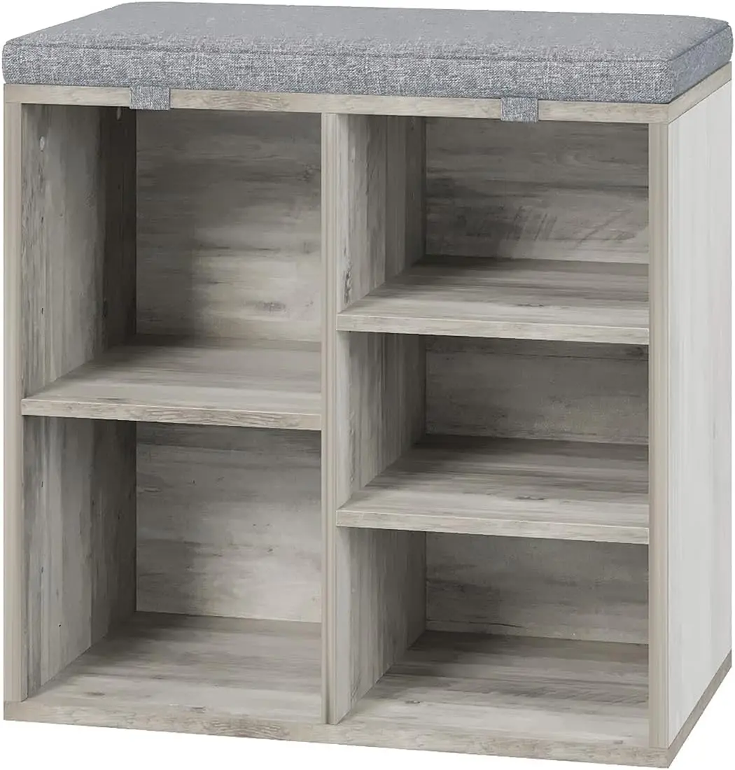 20-in Gray Particle Board Floor-Standing Shoe Bench with Cushion - 10-Cubby Organizer, Removable Adjustable Multi-Level Shelves, Easy-Install Entryway Storage Cabinet, Shoe Organization Solution, Breathable Cotton-Linen Fabric, Removable Cover, Cube Shelf