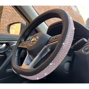 D Shaped Bling Comfy Steering Wheel Cover With Crystal Rhinestones  Anti-slip Leather Flat Bottom 14.5-15 Inch (pink)