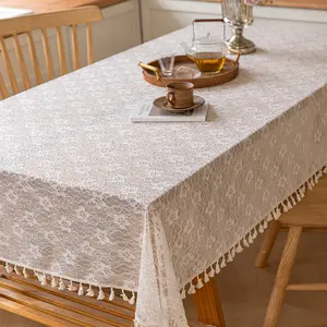 1pc Rustic Lace Fringe Tablecloth, Square Rectangle Camellia Cutout, Vintage Farmhouse Style, European French Retro Design, Picnic Table Cover
