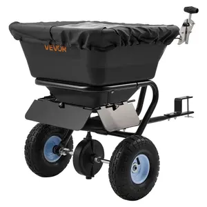 Tow-Behind Broadcast Spreader, Outdoor Universal Hitch-Compatible, Steel & ABS Frame, 9.8ft Spreading Width, 10" All-Terrain Tires, 85 lbs Capacity Hopper with Mesh, Multi-Adjustable Flow Control, for Lawn Seed, Fertilizer
