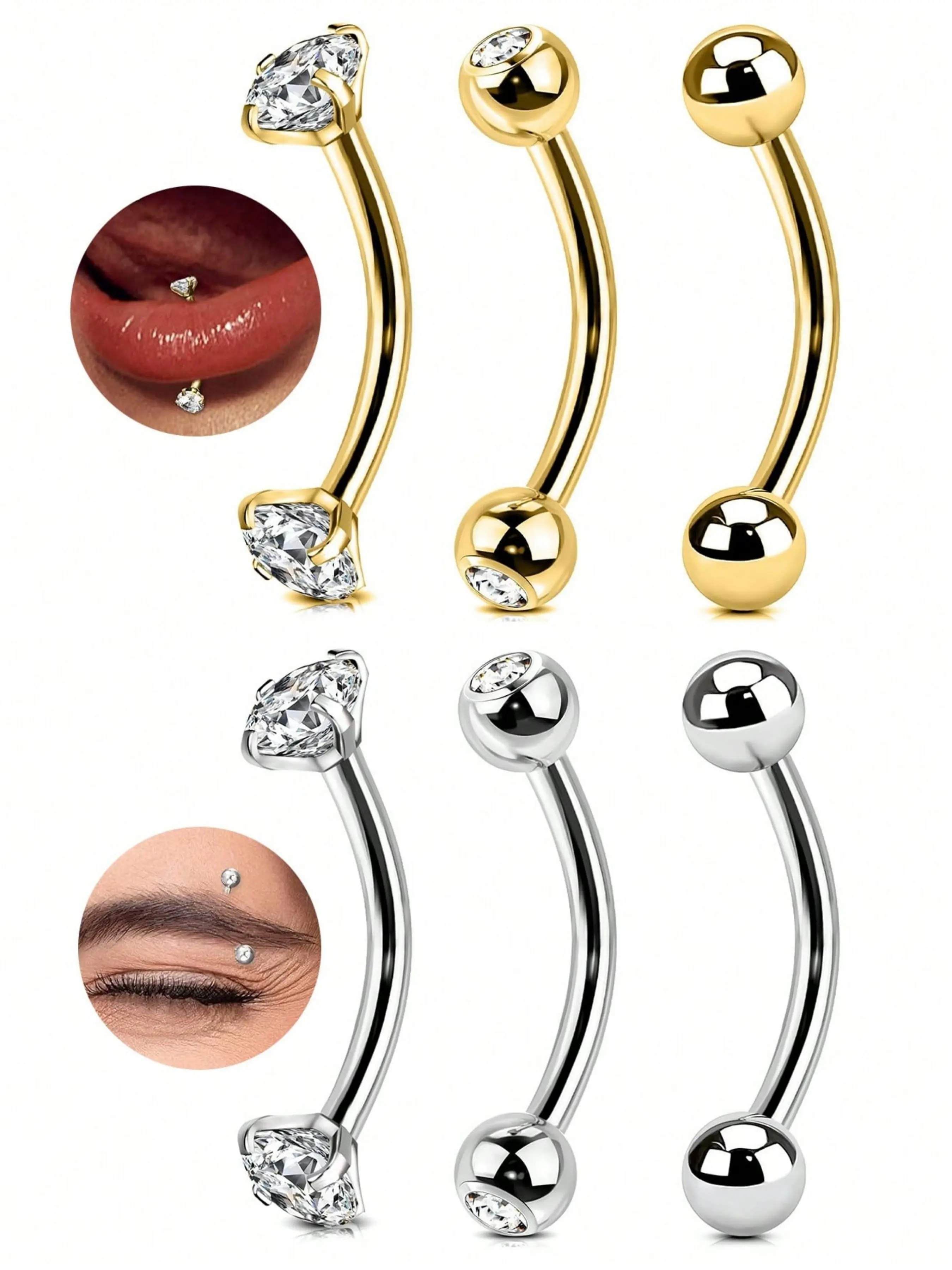 3PCS 16G Stainless Steel Body Jewelry, Tiny Belly Button Rings Gold Curved Navel Barbells, Silver Snake Eyes Piercings For Tongue Conch Eyebrow Rings, Septum Jewelry, Nose Ring Jewelry, Septum Pierced Ring