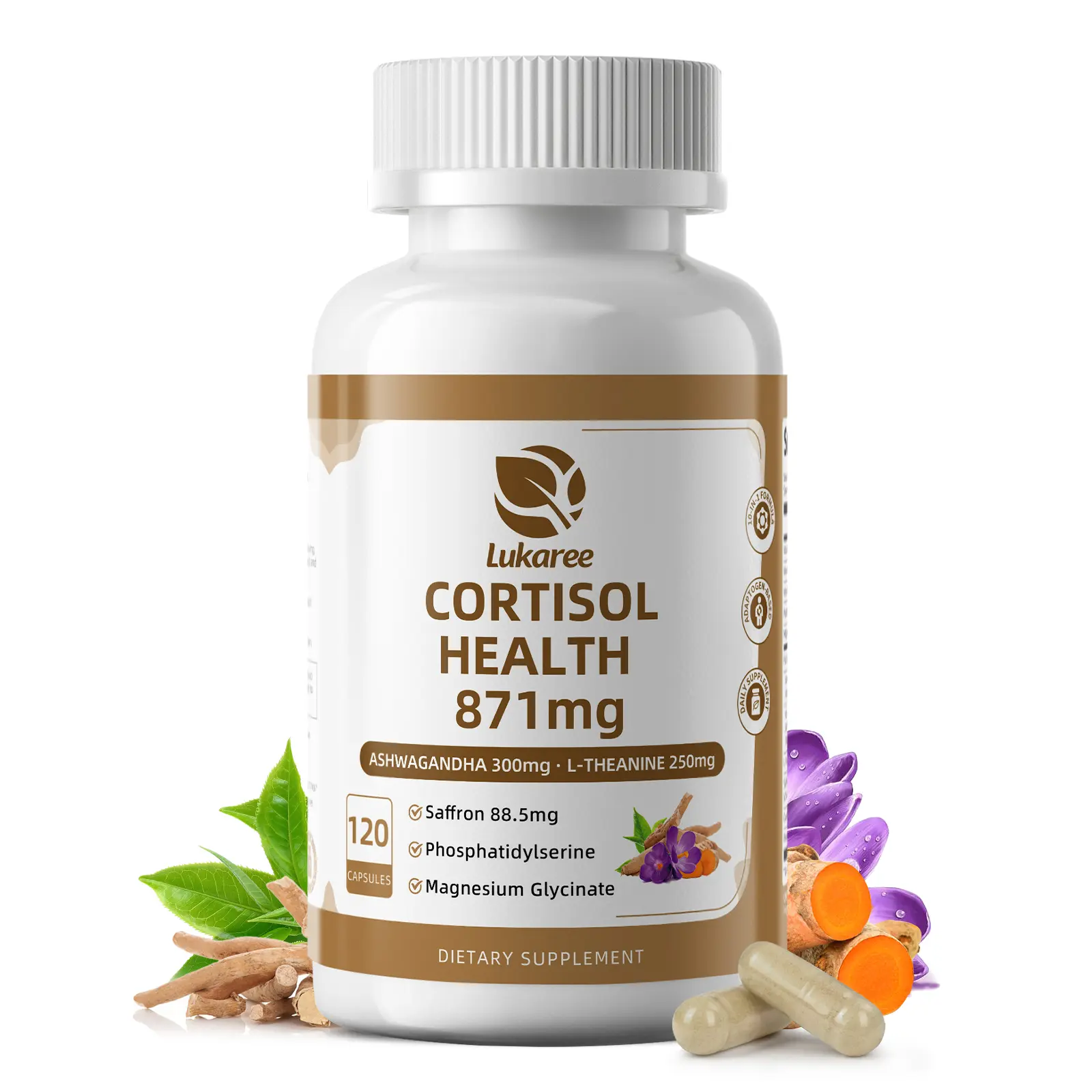 10-in-1 Cortisol Supplements with Magnesium, Ashwagandha, Chamomile, L-Theanine, St. John's Wort, Rhodiola, Vitamin C & D3, for Women Men, 120 Vegan Capsules.