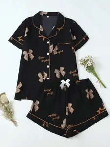 Good Night Coquette Bow Crepe Short Sleeve & Shorts Pajama Set with Elegant Bow Design Comfortable Fit for Nightwear