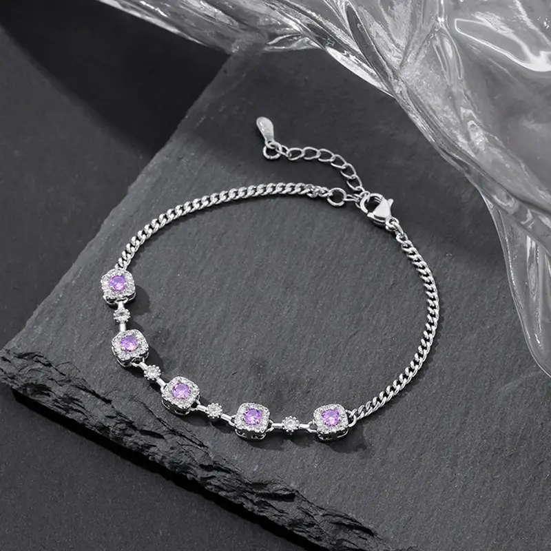 Rainy Mist Lilac Purple Zircon Sugar Cube Bracelet, Light Luxury Niche High-End Elegant Jewelry