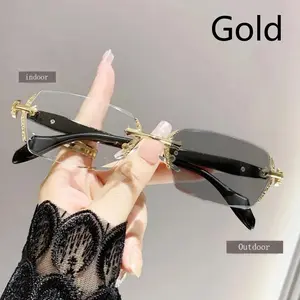 Photochromic Frameless HD Vision Clear Glasses with Blue Light Blocking ， Diamond-Cut Edges， Lightweight Fashion Metal Temple Decor forComputer Street Style Party Unisex  Women Men