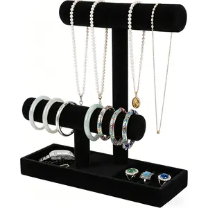 Wudygirl Modern Foldable Rectangle Black Velvet Jewelry Display Stand, Necklace-Bracelet Holder with Earring-Ring Storage Tray, Vanity Organizer for Scrunchies, Watches