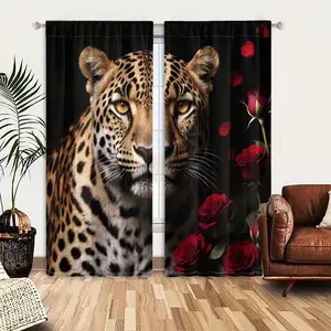 2pcs Window Curtains, A majestic leopard with golden eyes gazes forward, surrounded by vibrant red roses and falling petals on a dark background.Window Drapes for Bedroom Living Room, Rod Pocket Window Treatment