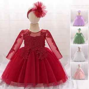 6M-3Y Maroon 02 Anniversary Baby Girls Clothes Infant Birthday Cocktail Embroidered Lace Mesh Ball Gown Dress Toddler Pageant Newborn Ball Gown Princess Baptism Frock