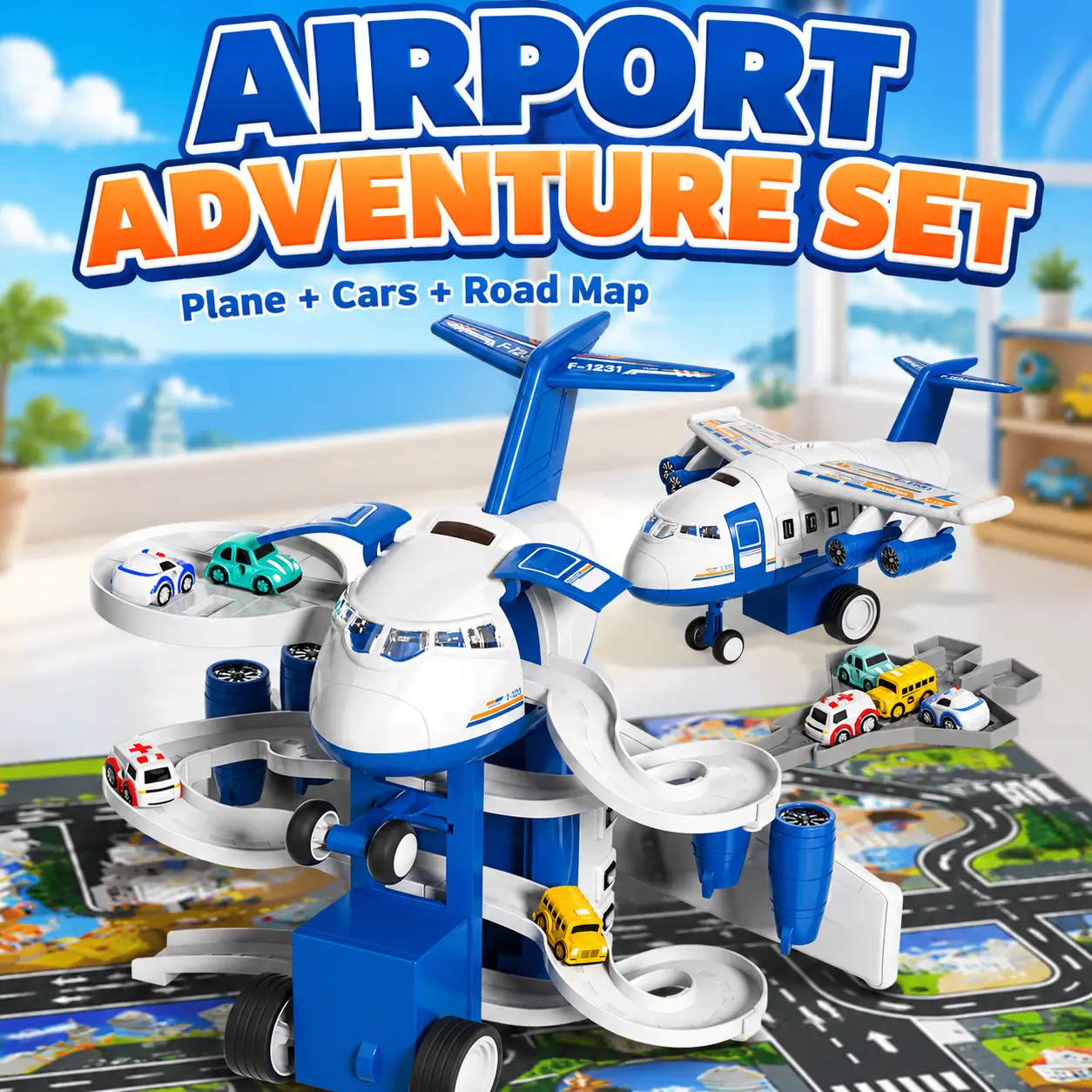 Airplane Adventure Toy Set for Boys Ages 3-8, Airport Playset with Mini Cars, Road Signs & Map, Pretend Play Vehicle Toys, Educational Learning Toy Birthday Christmas Gift
