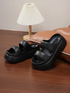 Women's Black Thick Sole Slip-on Sandals, Comfortable Fashion Outdoor Platform Shoes, Perfect Match for Summer Casual Wear