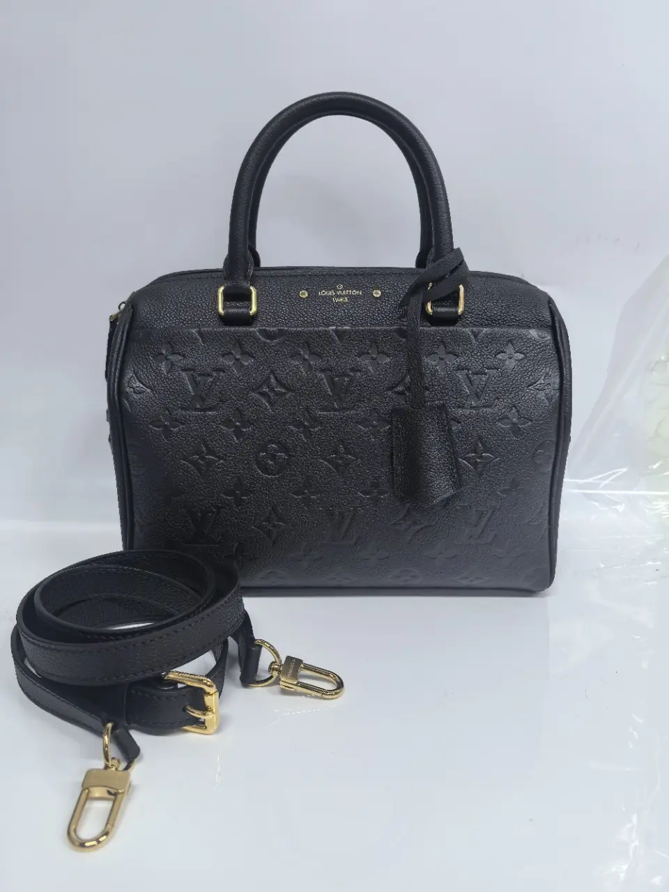 Pre-owned Louis Vuitton leather Top handle bags Speedy Bandoulière 25 Black Monogram Empreinte Leather【senza 2】