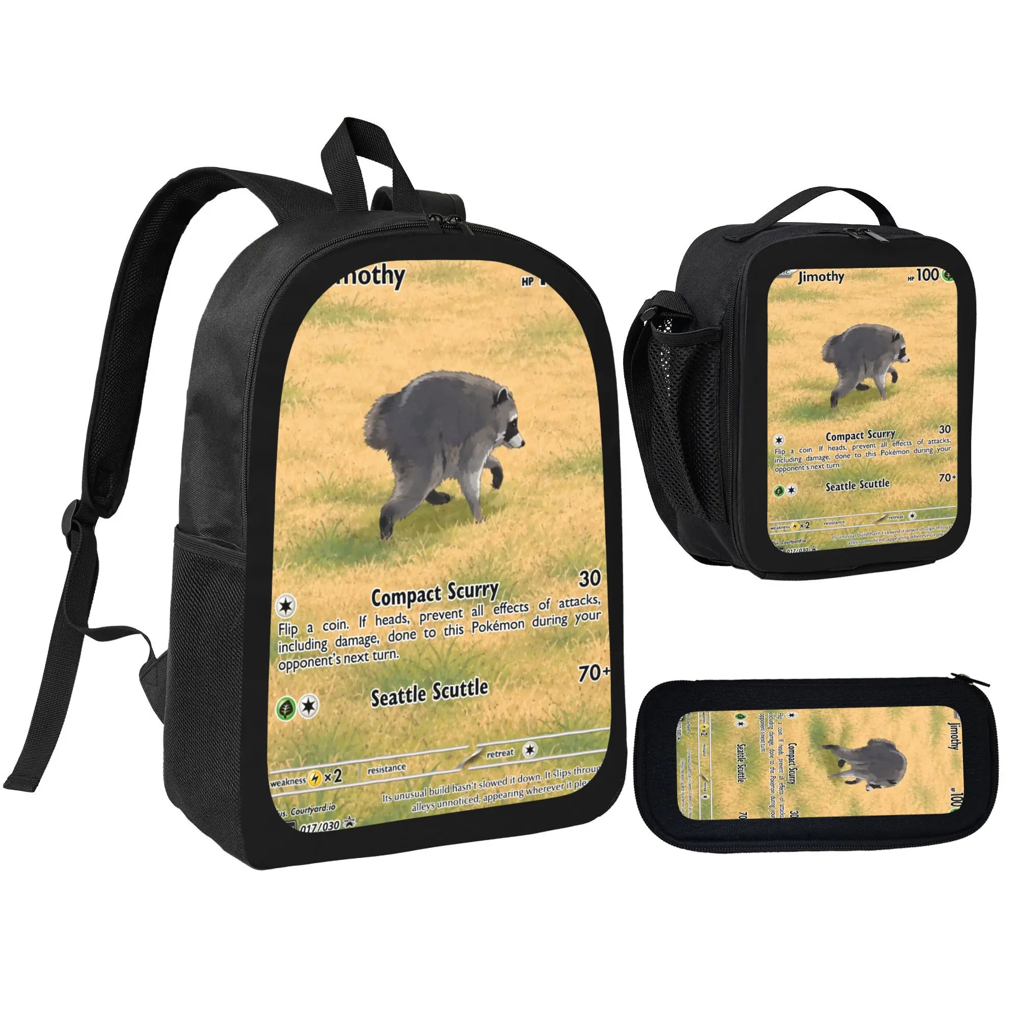 Jimothy The Raccoon Backpack 3-in-1 Set, Lightweight School Bookbag with Insulated Lunch Box & Pencil Case, Trendy Back to School Essentials for Middle High School