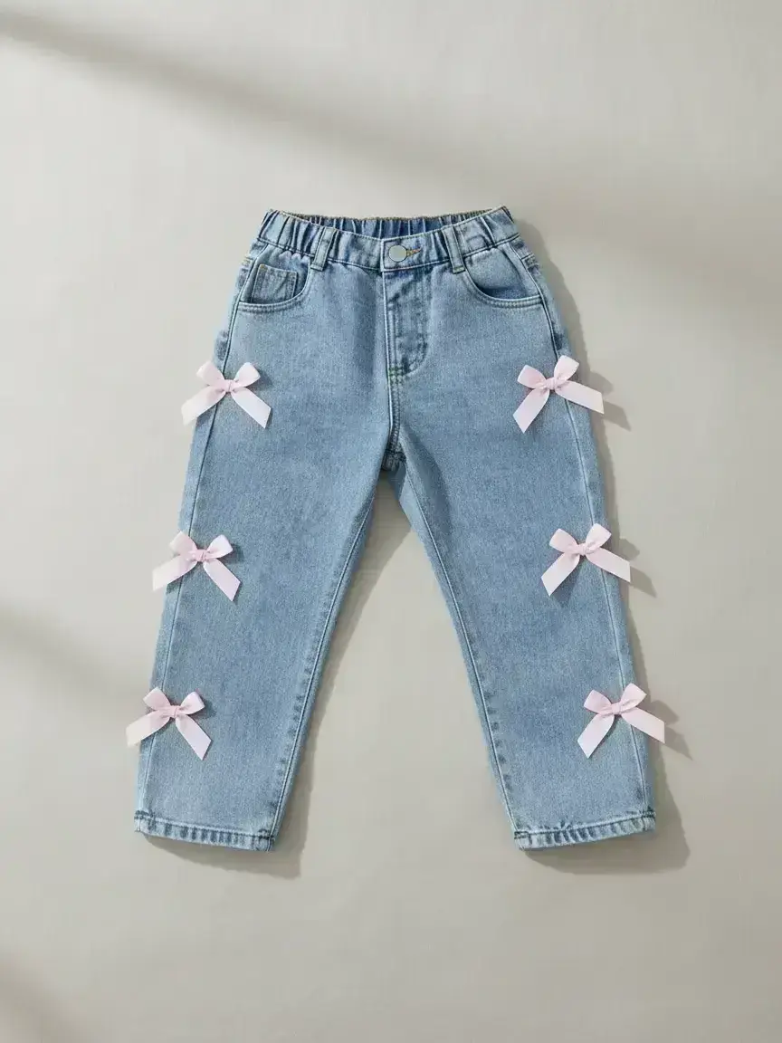 Toddler Girl's Denim Bow Decor Jeans, Cute Comfy Trousers for Daily Wear, Kids Bottoms for All Seasons, Jeans With Pockets, Bow Decor Pants