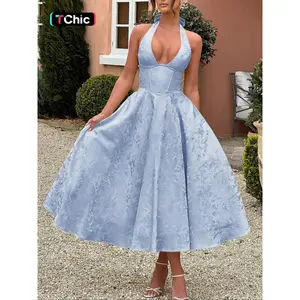 Fashion Elegant Chic Halter Lace-Up Embroidered Waist V-Neck Sleeveless Dress, Long Plain Party Gown, Formal Wear, Fitted Style for Lady Women