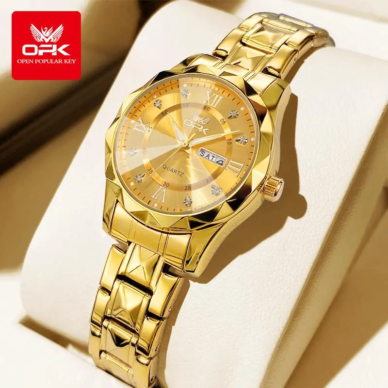 OPK Women's Elegant Diamond Face Quartz Watch,Trendy All-match &Exquisite Diamond Dial Wristwatch for Birthday Gift, Fashion Bracelet Watch for Party,Analog StainlessSteel Waterproof Luminous gold quartz watch 6023