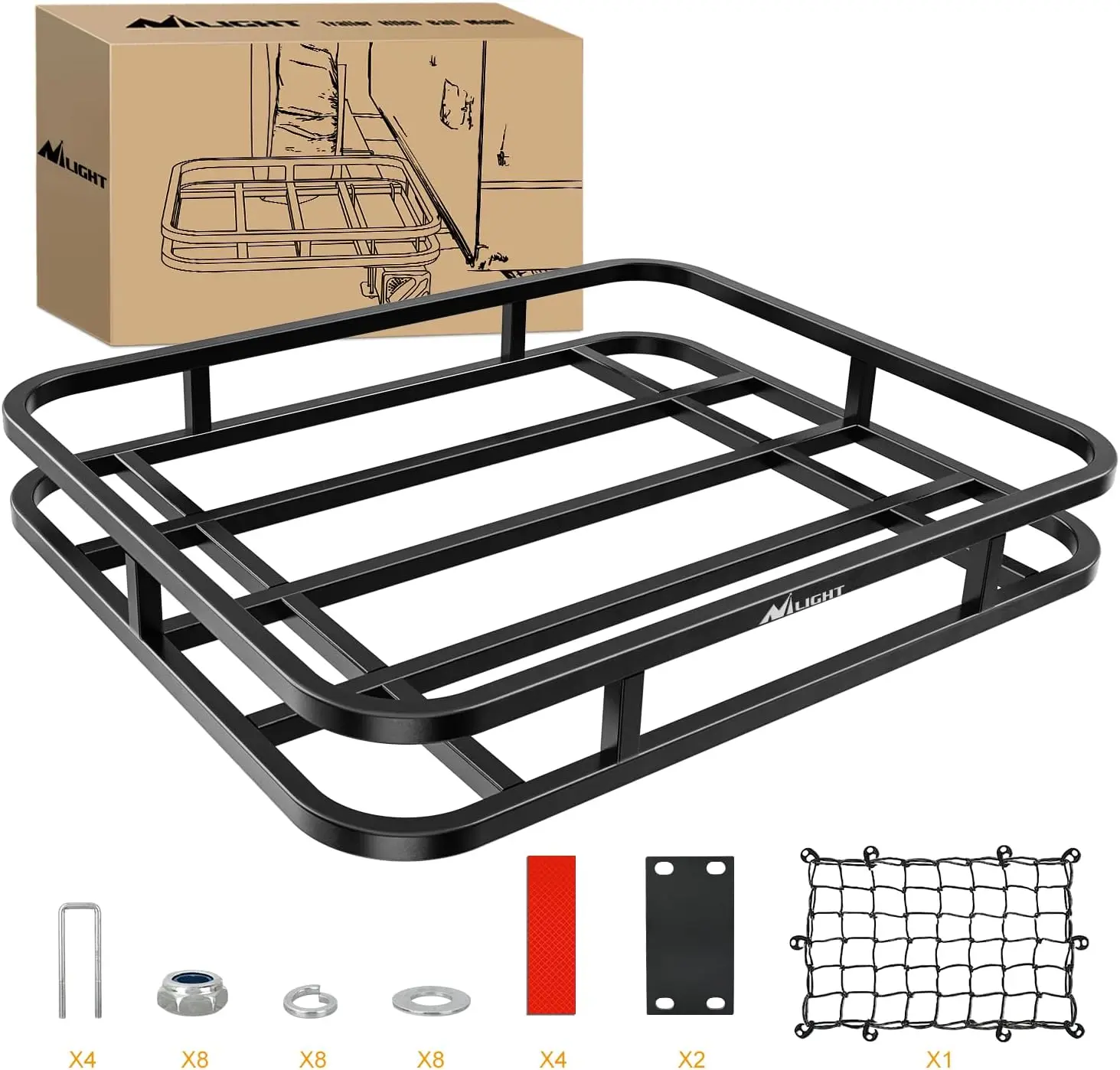 Nilight Heavy Duty Metal Tube RV Bumper Mounted Cargo Rack Carrier, 32"L×26"W×4"H Anti-Rust Basket, 350 lbs max Capacity, Secure Load Hardware, Reflective Net, Reflective Stickers, Perfect Space for 4-in/4.5-in Bumpers