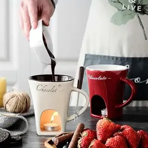 Chocolate Container Melting Cheese Candy Butter Hot Pot Mug with Fork, Ceramic Butter Individual Hot Pot Cup, Perfect for Desserts
