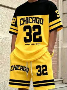American Streetwear Sport Set, Trendy Chicago 32 Number Print Short Sleeve T-Shirt and Shorts Two-Piece Set, Casual Animal Print Polo