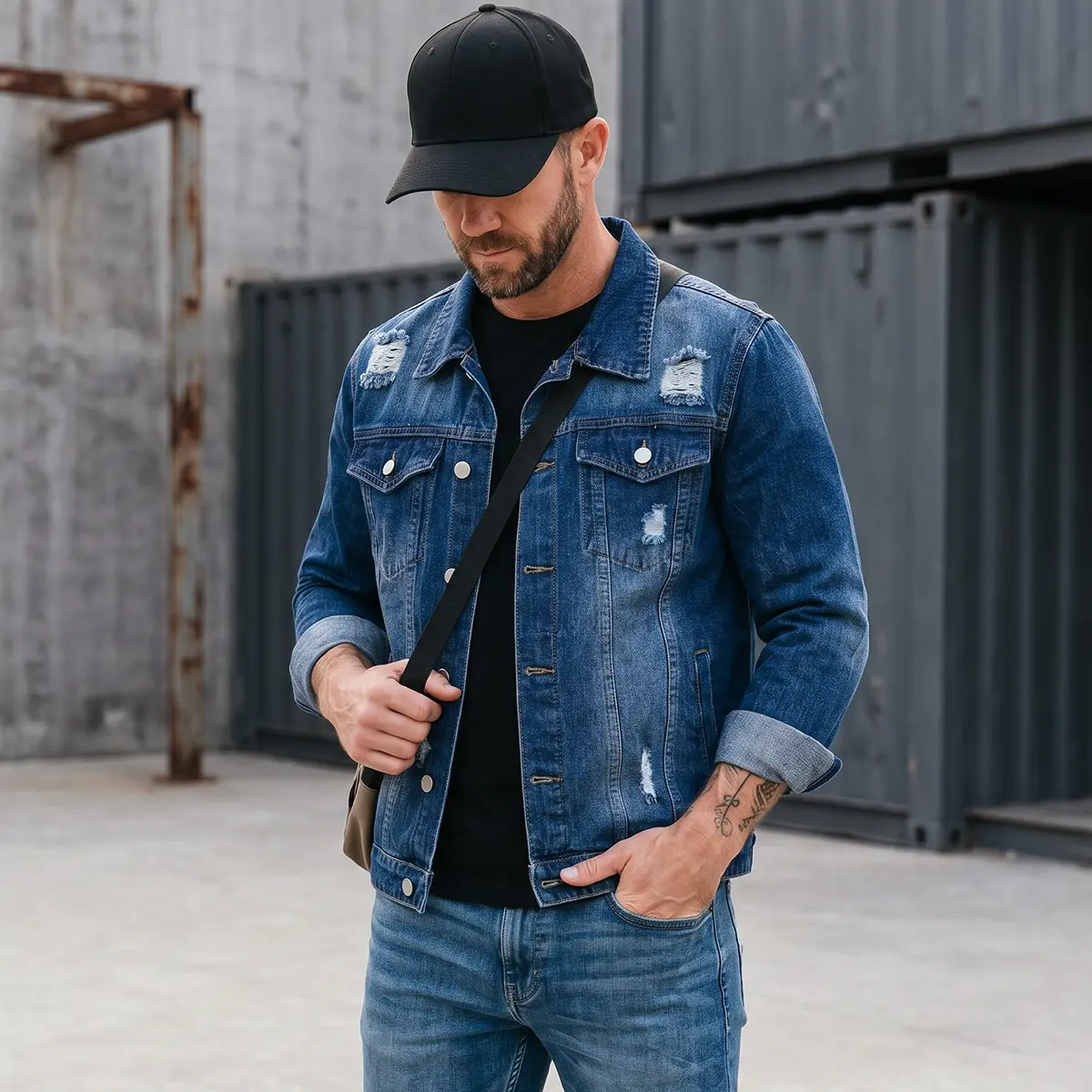 Dark blue vintage washed distressed denim jacket for men, regular fit jacket top, American high-street distressed denim outerwear, classic lapel single-breasted workwear jacket, versatile casual street style for spring/autumn tops