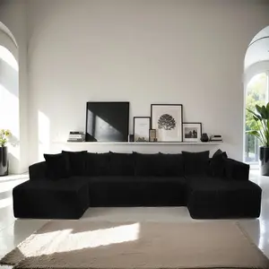 Aobtkel 130" Corduroy Sectional Sofa - U-Shaped Modular 4-Seat Boneless Cloud Comfy Couch with Chaise, No-Assembly Ready-to-Use Oversized Indoor Living Room Sofa Sectional Couch, Black