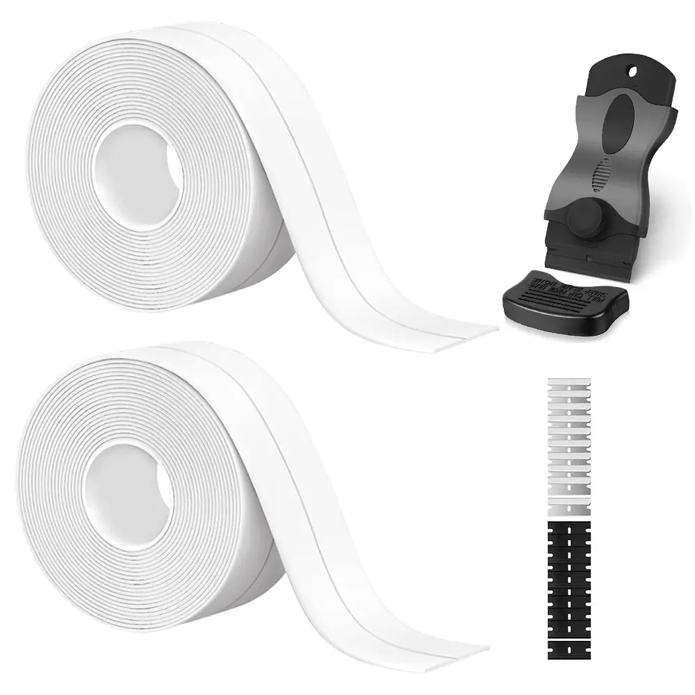 1.5in x 10.5ft Self-Adhesive Caulk Strip Tape Kit with Finishing Tool and Scraper Blades, Waterproof Peel and Stick Sealant Tape for Bathtub, Shower, Sink, Toilet and Kitchen Counter, White