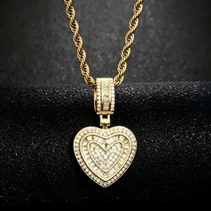 14K Gold Plated Heart Pendant Necklace for Women, Iced Out CZ Diamond Double Heart Necklace, Dainty Twisted Rope Chain Love Necklace, Hip Hop Sparkly Heart Charm Necklace Jewelry Gift for Her