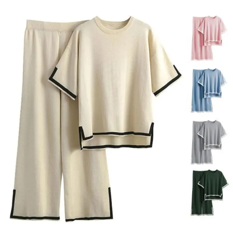 Women's 2-Piece Loungewear Set - Casual Soft Ribbed Stretch Knit Outfit with Short-Sleeve Round-Neck Pullover Top, Wide-Leg Pull-On Pants, Lightweight Travel Sport Clothing